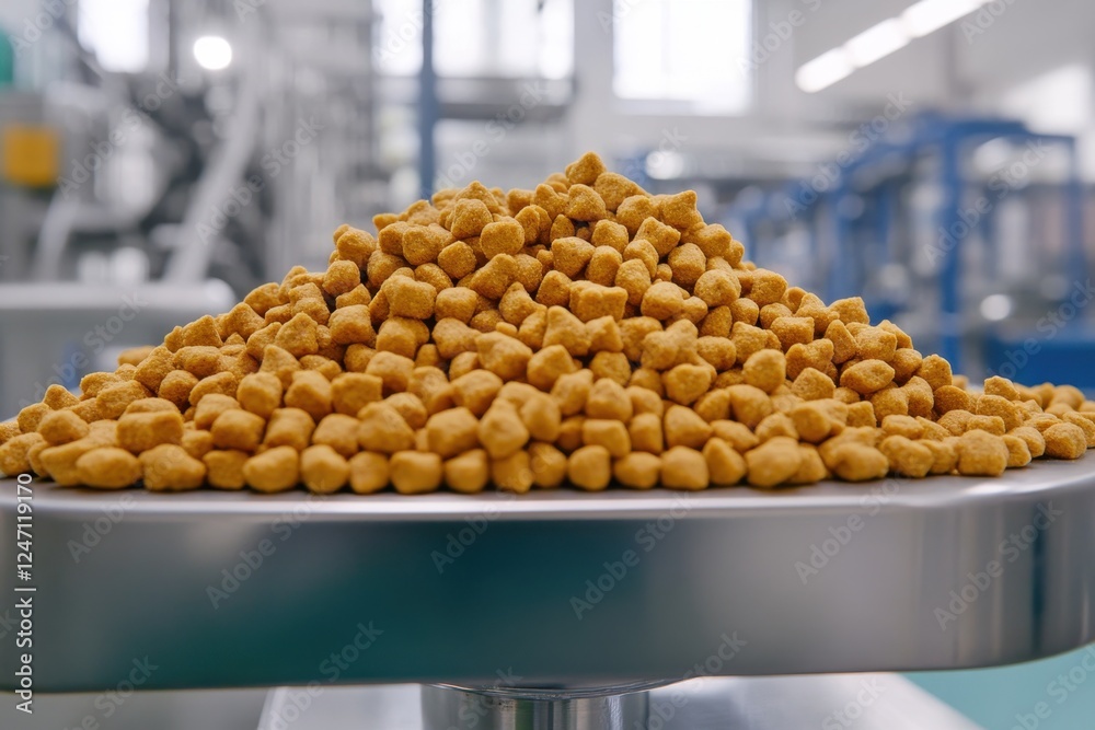A close-up view of a large pile of golden pet food pellets on a stainless steel surface in a factory setting. A close-up view of a large pile of golden pet food pellets on a stainless steel surface in a factory setting.