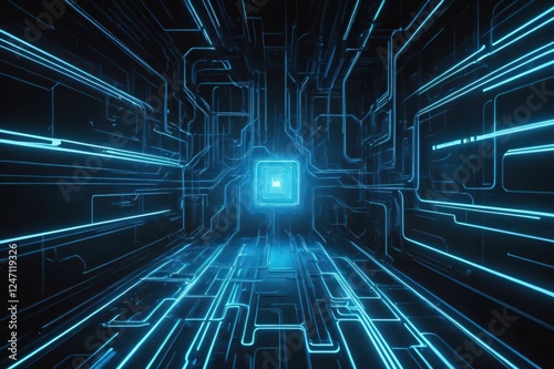 Futuristic Glowing Blue Circuit Tunnel