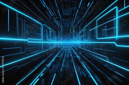 Futuristic Glowing Blue Neon Lines Tunnel