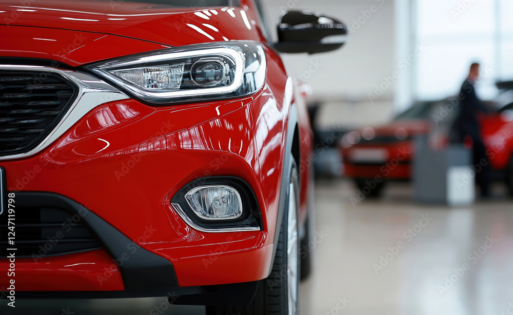 Caught in the spotlight a vibrant red car shines in a modern showroom