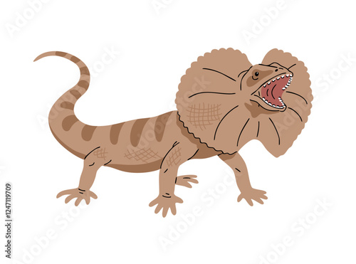 Frilled lizard. Hooded reptile. Animal in the wild. Nature and fauna. Vector illustration isolated on white background