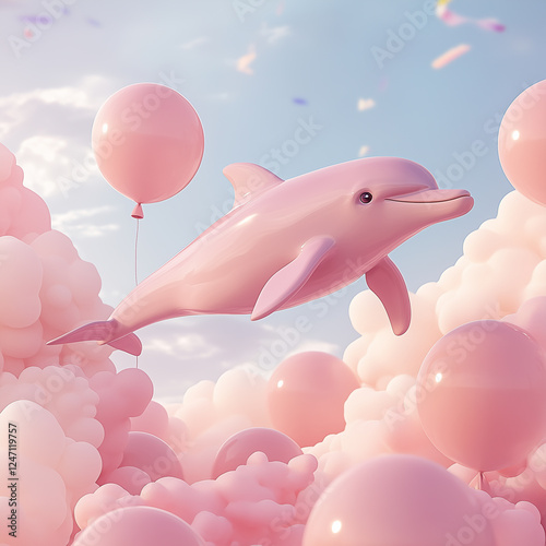 Cute 3D Pink Dolphin Flying with Balloons in a Pastel Sky