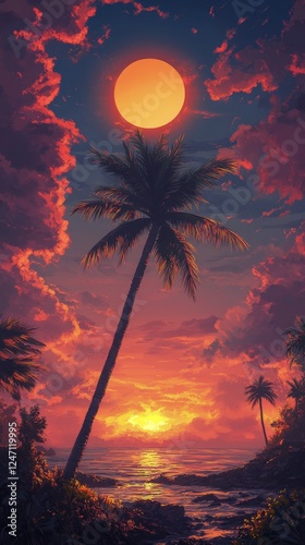 Sunset over tropical palm trees with vibrant red sky and clouds