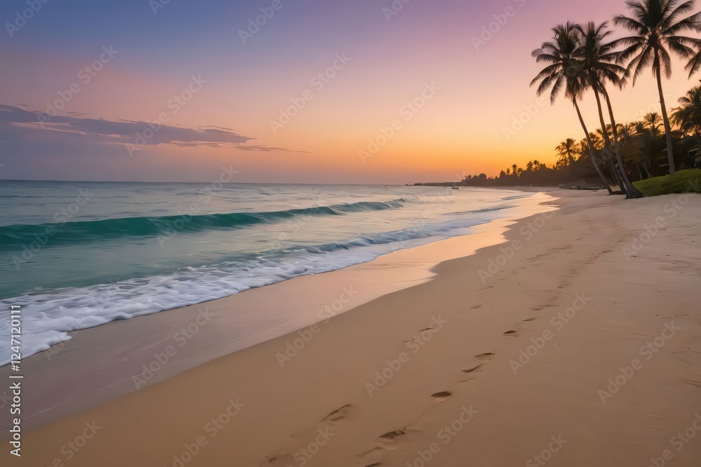 Tropical Beach Sunset With Footprints In Golden Hour Tropical Beach Sunset With Footprints In Golden Hour