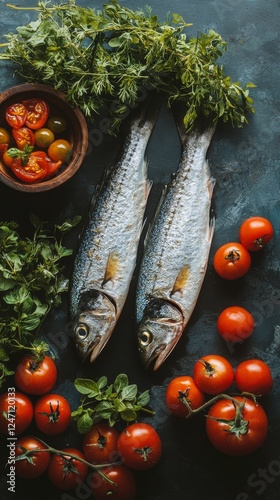 Fresh fish and ripe tomatoes arranged on a dark kitchen surface with herbs an...