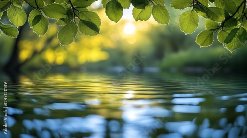 Sunlight filtering through leaves over a tranquil water surface in a lush nat...