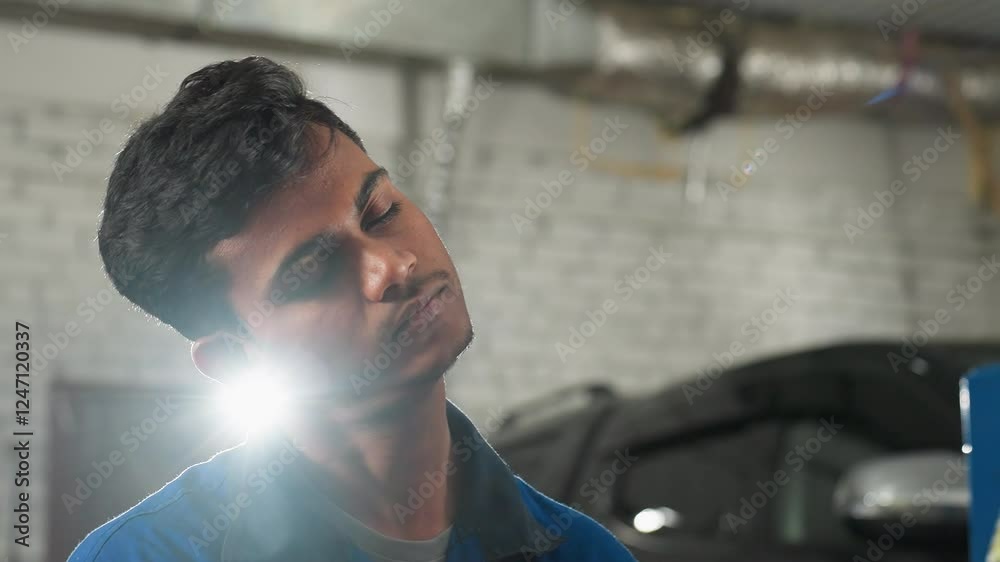 Mechanic in blue uniform tilting head left and right with eyes closed, illuminated by bright backlight in industrial workshop, background features tools, machinery, and automotive components Mechanic in blue uniform tilting head left and right with eyes closed, illuminated by bright backlight in industrial workshop, background features tools, machinery, and automotive components