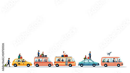 Passengers transfer set. Taxi, private car, minibus, bus to go from the airport to the hotel. People with luggage get on shuttles, cars and different means of transportation. Flat isolated vector illu