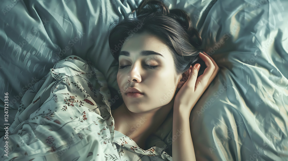 Beautiful young woman lying in bed and sleeping. Top view. Beautiful young woman lying in bed and sleeping. Top view.