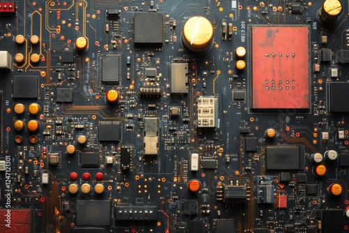 Close view of a luminous circuit board showcasing intricate patterns and brig...