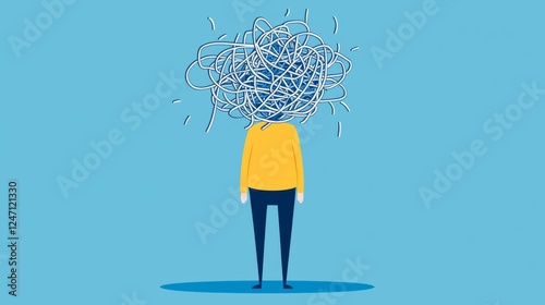 Person standing with a tangled mess representing chaotic thoughts.