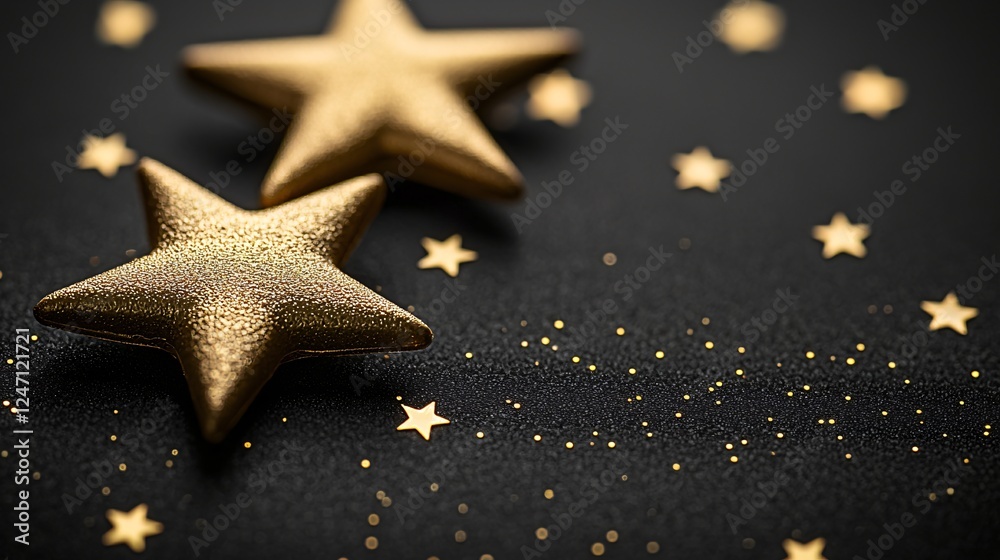 Gold stars on black glitter, festive background, holiday card design Gold stars on black glitter, festive background, holiday card design