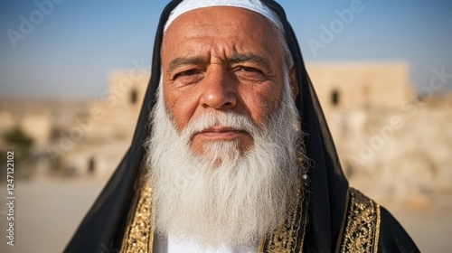 A distinguished Arab elder with a long white beard, wearing a flowing black bisht with golden embroidery over a white thobe, standing in front of a historic desert fort under a clear sky photo