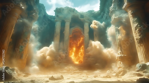 Ancient Temple Gate Burning In Fiery Dust Cloud