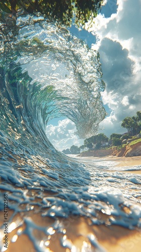 Powerful ocean wave crashing onto a sandy beach under a bright blue sky