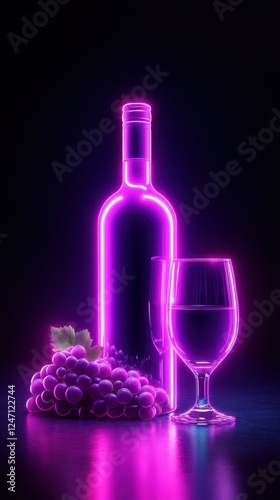 Neon wine bottle grapes with glass on dark background