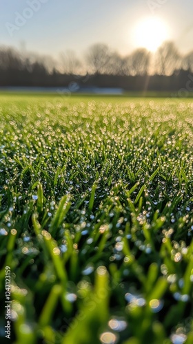 Fresh green grass glistens with morning dew in a tranquil garden setting