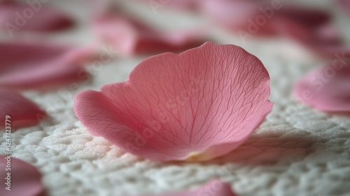 Beautiful pink rose petal softly resting on a light surface with gentle shadows