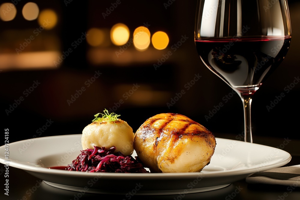 Grilled scallops with red wine pairing in elegant dining setting Grilled scallops with red wine pairing in elegant dining setting