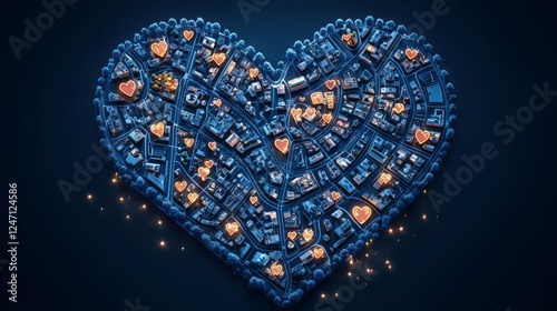 A heart-shaped cityscape filled with glowing love symbols.