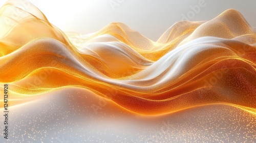 Golden Waves of Abstract Shimmering Fabric with Light Particles. Generative AI photo