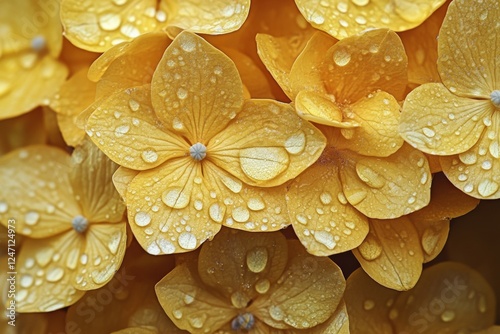 Vibrant yellow flowers adorned with raindrops in a lush garden setting