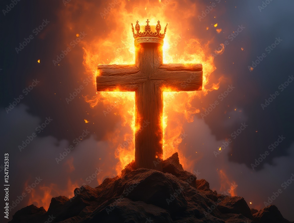 Obraz premium Fiery crown hovering above wooden cross