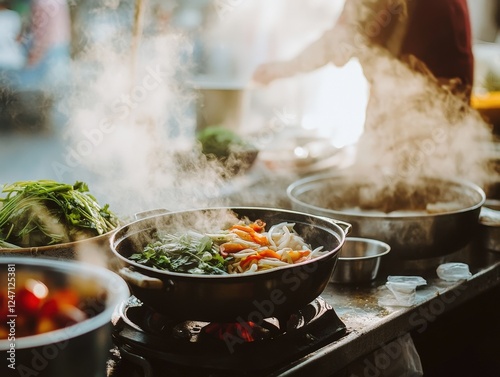 Authentic Vietnamese street market cooking class with steam and natural light, capturing the vibrant culinary experience of local food preparation in an intimate setting. photo