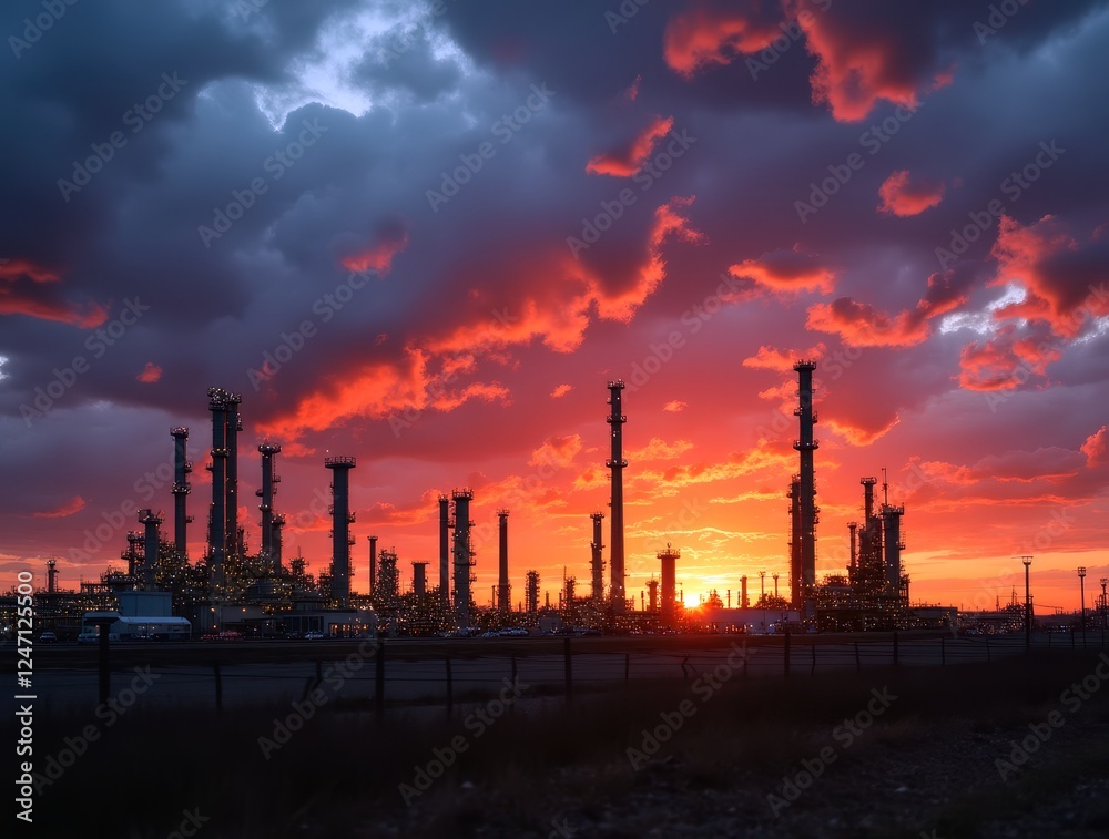Oil refinery silhouette at sunset with dramatic cloudscape Oil refinery silhouette at sunset with dramatic cloudscape