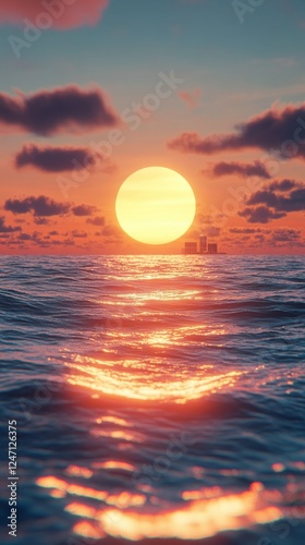 Vibrant sunset reflection on water with city skyline in the distance