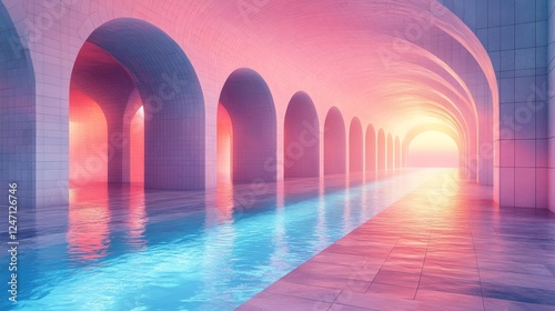 Sunset View Through Modern Pink and Blue Arched Corridor. Generative AI