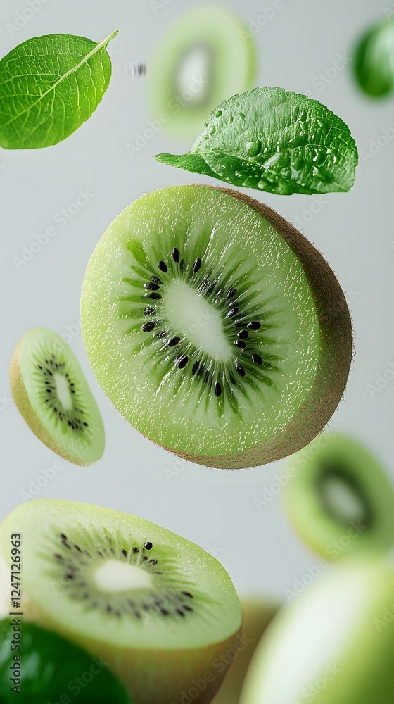 Fototapeta premium Sliced ​​Fruits, Vegetables and Greens Floating with Water Drops, Abstract Image, Texture, Pattern Background, Wallpaper, Cover and Screen for Smartphone, PC, Laptop, 9:16 and 16:9 Format