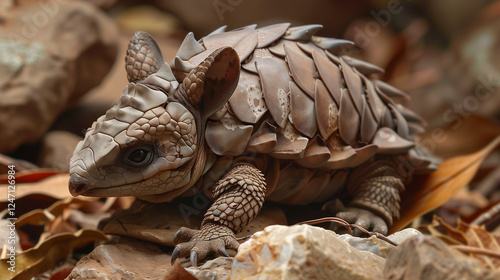 Cute AI-generated armadillo in natural habitat among dried leaves. photo