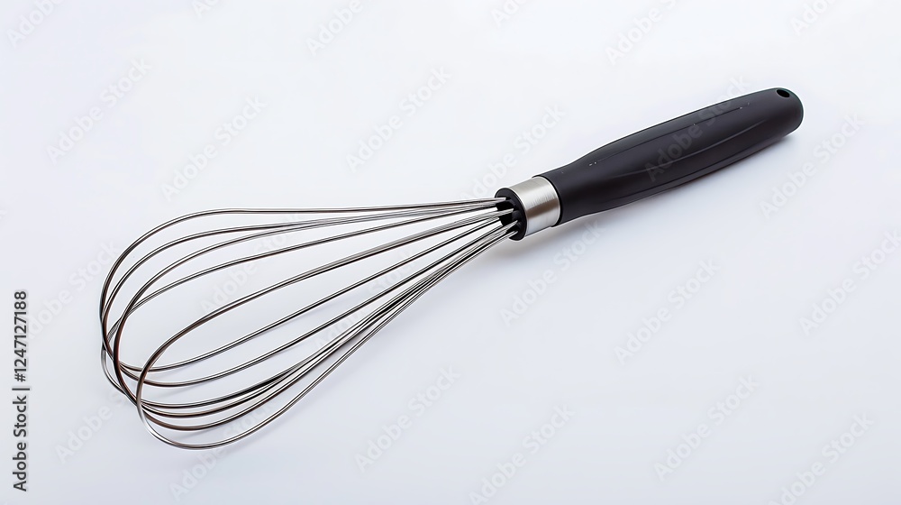 A metal whisk with a black plastic handle on a white background A metal whisk with a black plastic handle on a white background