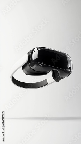 Modern virtual reality headset floating in a minimalist studio setting
