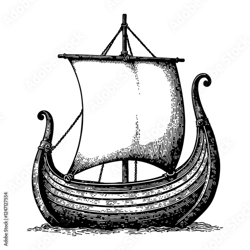 Viking Ship with Blank Sail Black and White Ancient Nordic Boat Outline Line Art Drawing