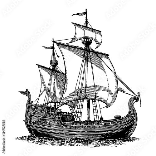 A Viking Ship with Blank Sail Ancient Boat Black and White Outline Line Art Drawing