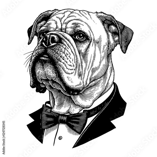 Bulldog Animal Head in Tuxedo Black and White Detailed Elegant Outline Line Art Drawing