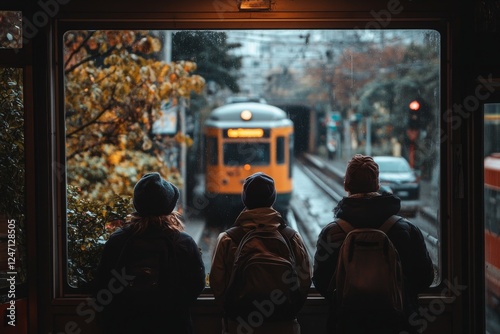 Friends wait for train at subway station as rain creates a blurred backdrop