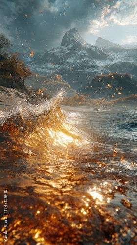 Powerful ocean wave crashing onto a sandy beach under a bright blue sky