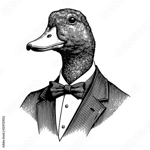 Humanoid Duck with Animal Head Wearing Tuxedo in Black and White Outline Line Art Drawing