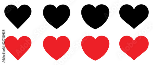 Love heart icons. Set of Valentine's day hand drawn decorative heart elements. Set of heart icons different style red and black color. Heart elements for valentine message. Love passion concept.