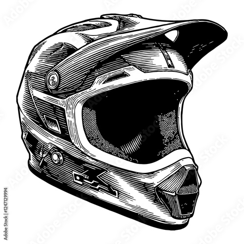 Detailed Motocross Helmet Side View Black and White Outline Line Art Drawing Illustration