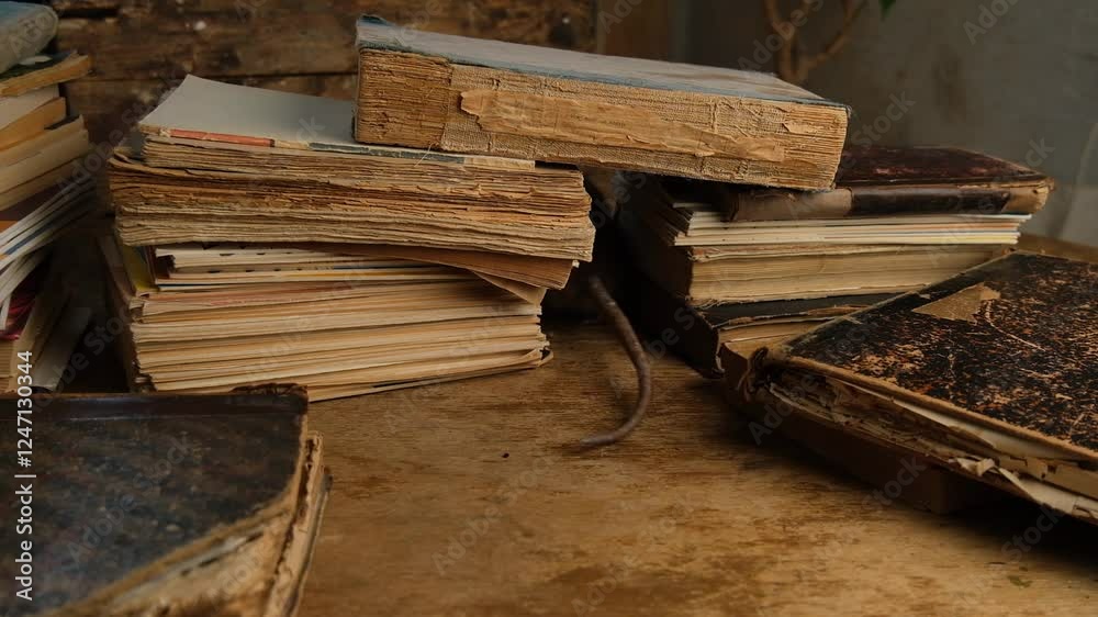 A gray rat runs among old books.