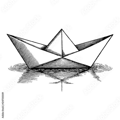 Paper Ship Origami on Water with Reflection Black and White Outline Line Art Drawing 