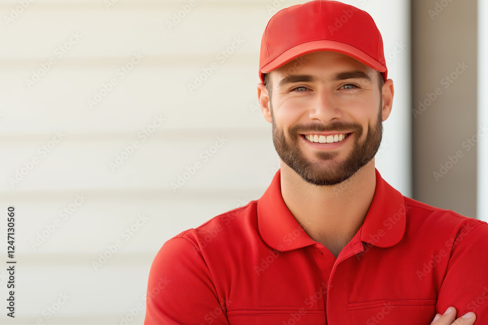 Friendly delivery worker smiling in a bright red uniform outdoors