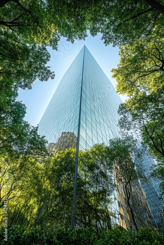 Reflective glass skyscraper surrounded by lush forest, symbolizing the seamless blend of modern architecture and natural elements in urban design photo