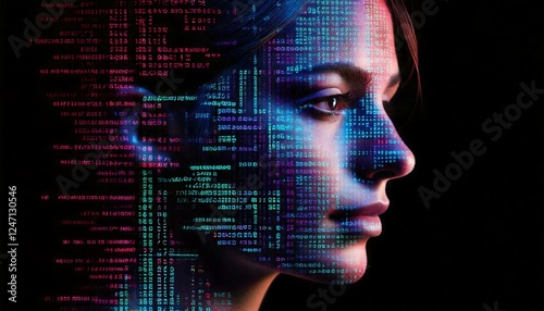 Metade na luz, metade na sombra, um rosto virado para o lado emerge da interação de contrastes e carácteres em linguagem de programação.