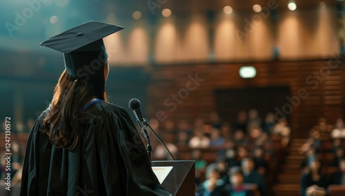 Valedictorian young student woman giving graduation speech to other graduated people from the year group while wearing traditional college regalia and gown.