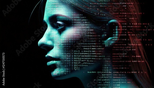 Metade na luz, metade na sombra, um rosto virado para o lado emerge da interação de contrastes e carácteres em linguagem de programação.
